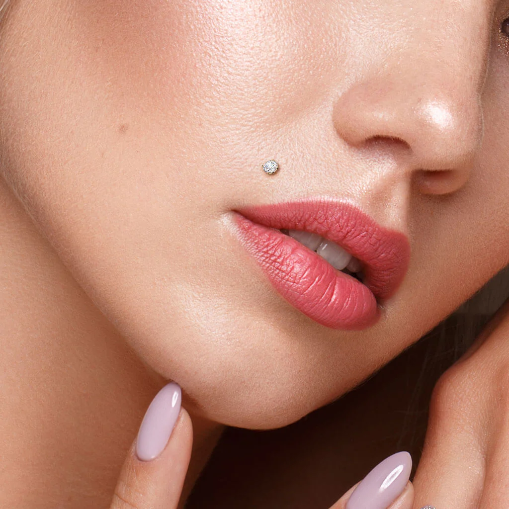 14 Karat Gold Labret Zirkonia Rund Gelbgold Weißgold Push-In - Image 2