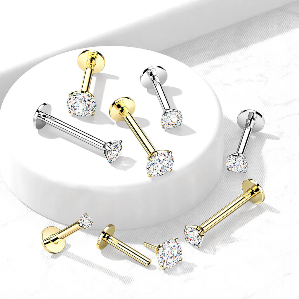 14 Karat Gold Labret Zirkonia Rund Gelbgold Weißgold Push-In - Image 3