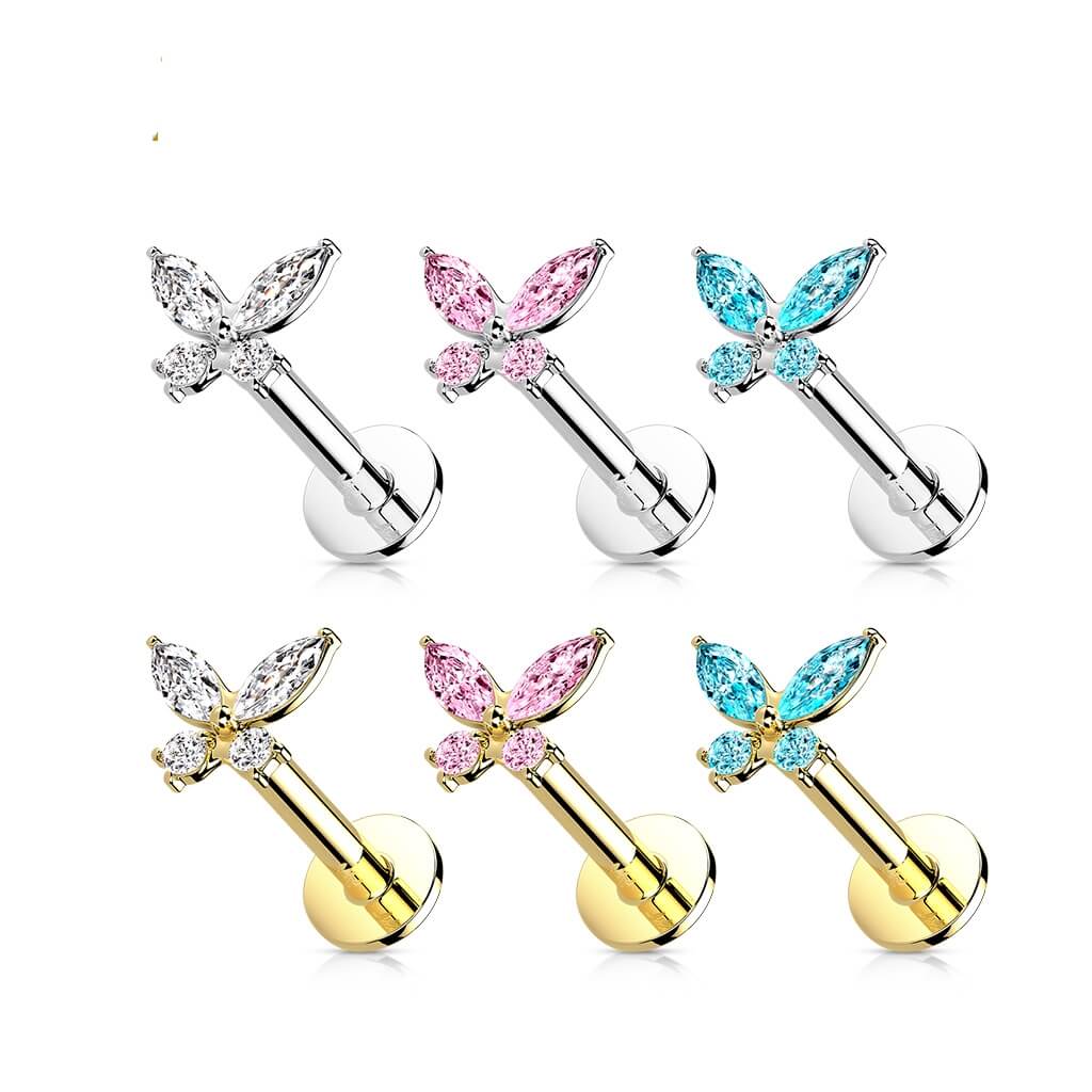 14 Karat Gold Labret Schmetterling Zirkonia Gelbgold Weißgold Push-In - Image 4