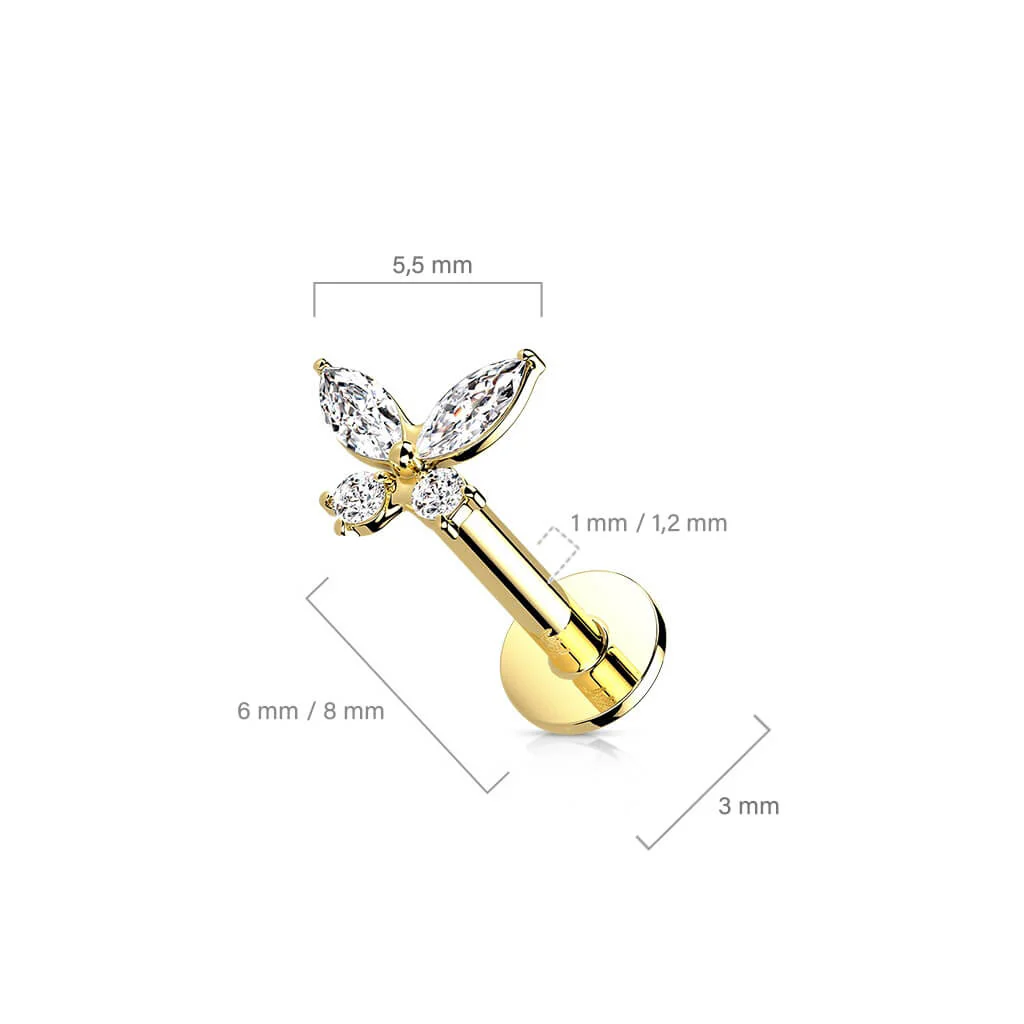 14 Karat Gold Labret Schmetterling Zirkonia Gelbgold Weißgold Push-In - Image 8