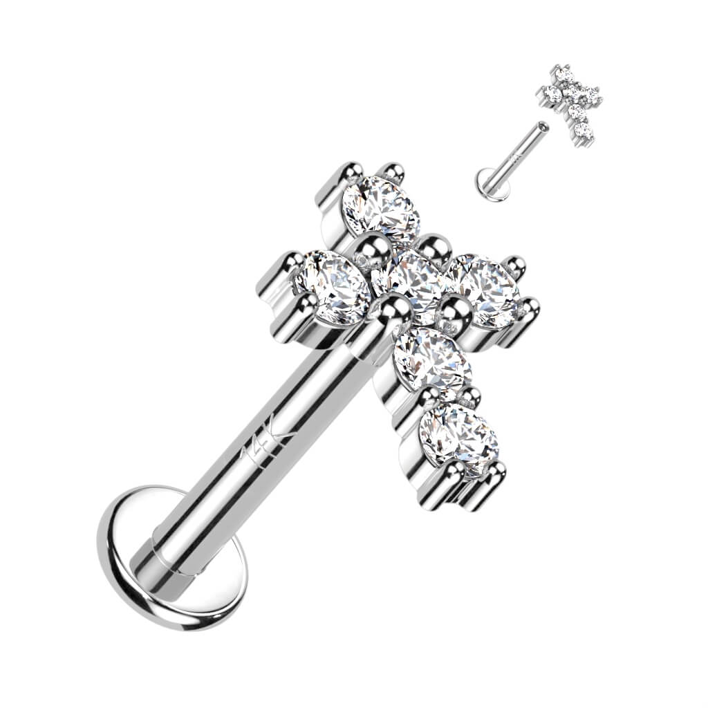 14 Karat Gold Labret Kreuz Zirkonia Gelbgold Weißgold Innengewinde - Image 2
