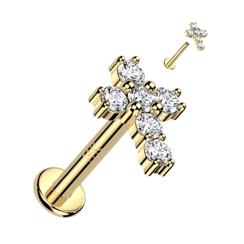 14 Karat Gold Labret Kreuz Zirkonia Gelbgold Weißgold Innengewinde - Image 3