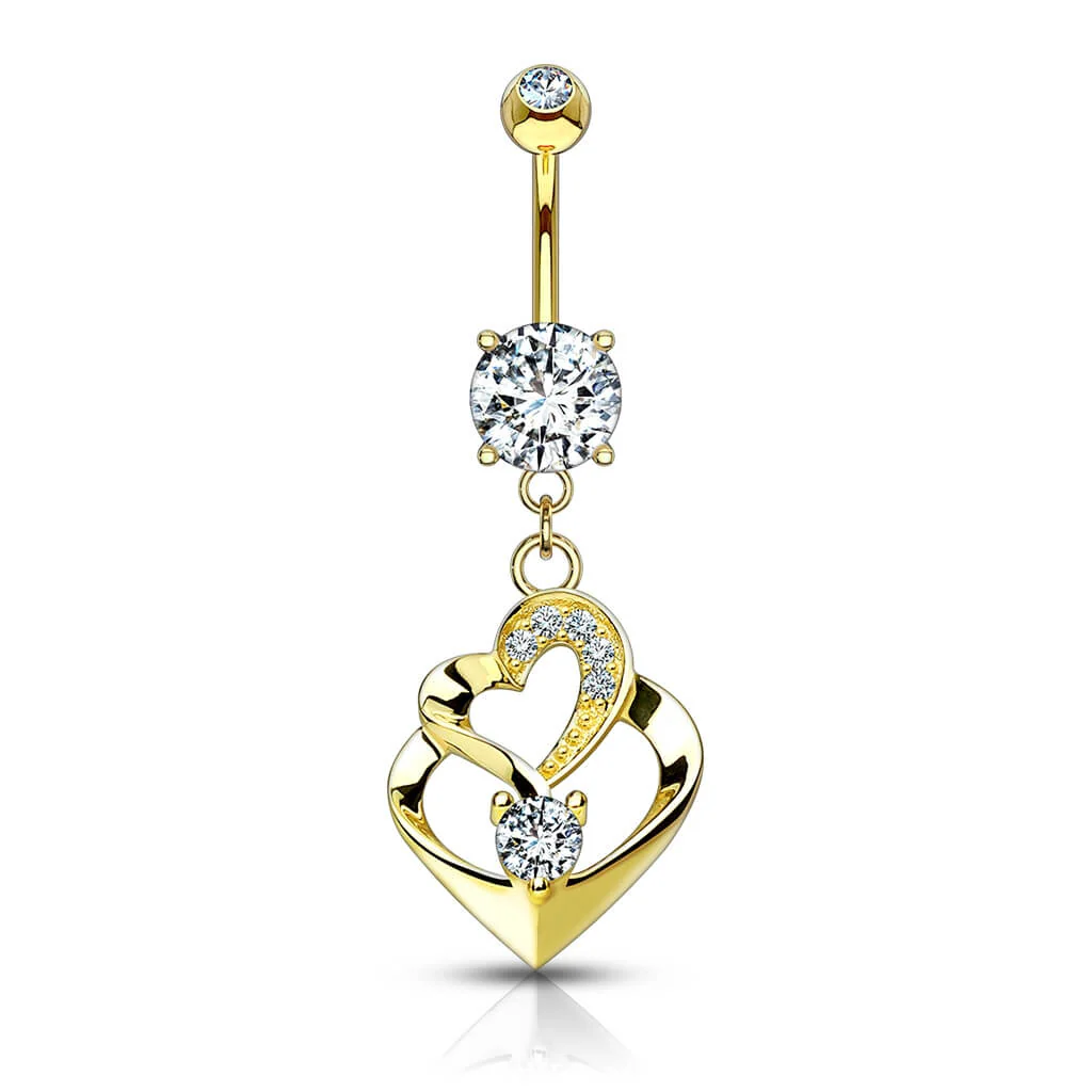 14 Karat Gold Bauchnabelpiercing Doppelherz beweglich Zirkonia Gelbgold Weißgold - Image 4