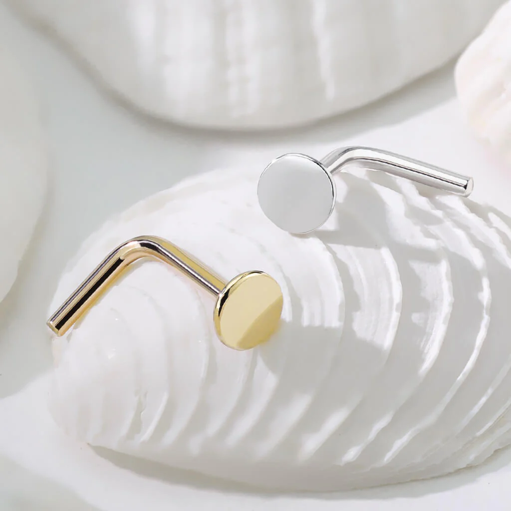 14 Karat Gold Nasenstecker L-Form Rund Flach Gelbgold Weißgold - Image 5