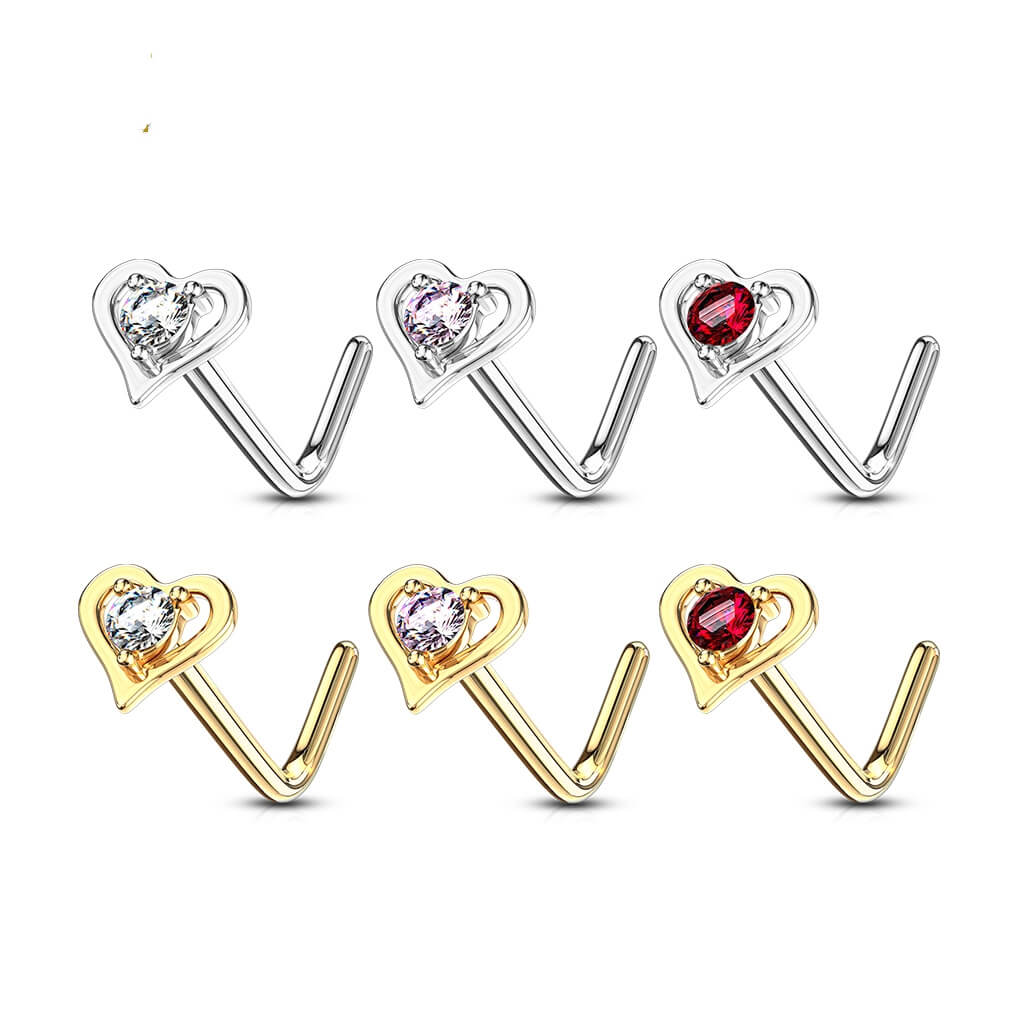 14 Karat Gold Nasenstecker L-Form Herz Zirkonia Gelbgold Weißgold - Image 4