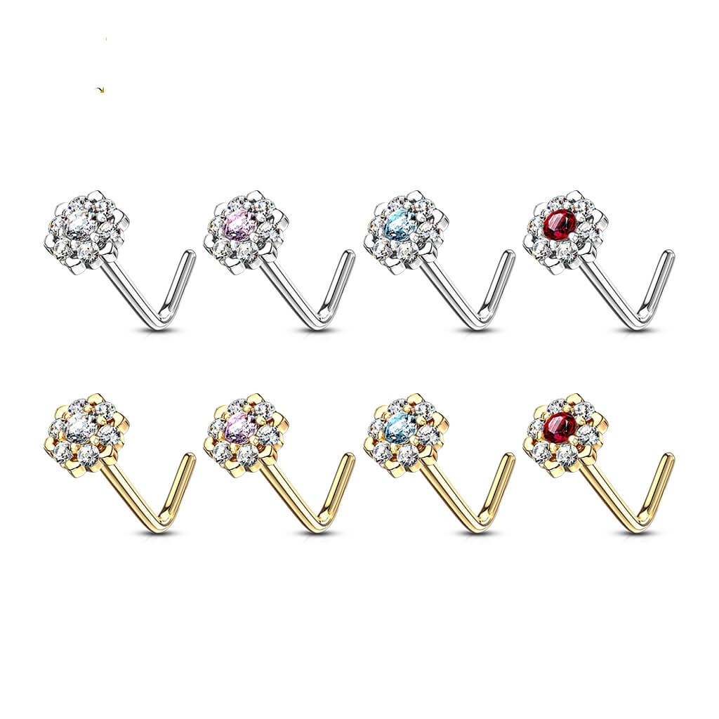 14 Karat Gold Nasenstecker L-Form Blume Zirkonia Gelbgold Weißgold - Image 5