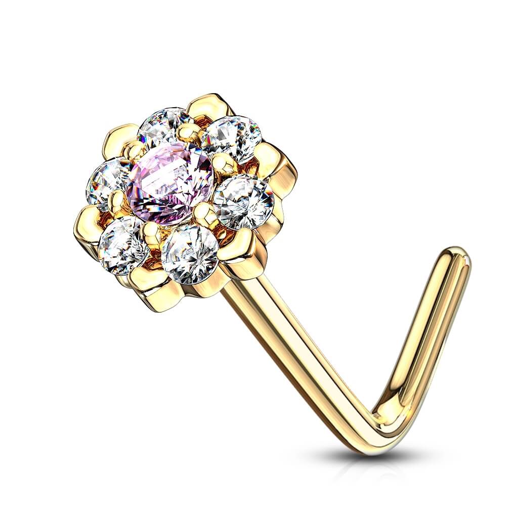 14 Karat Gold Nasenstecker L-Form Blume Zirkonia Gelbgold Weißgold - Image 8
