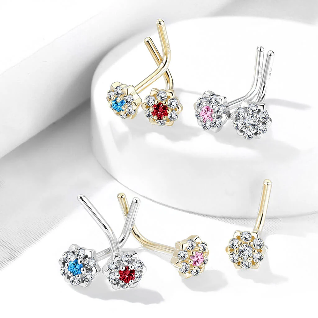 14 Karat Gold Nasenstecker L-Form Blume Zirkonia Gelbgold Weißgold - Image 9