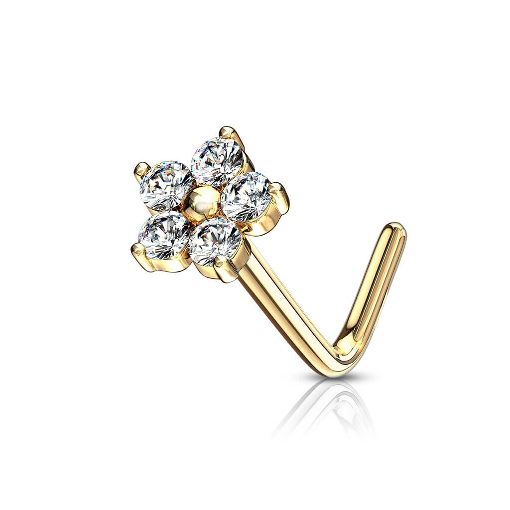 14 Karat Gold Nasenstecker L-Form Blume Zirkonia Gelbgold Weißgold - Image 3