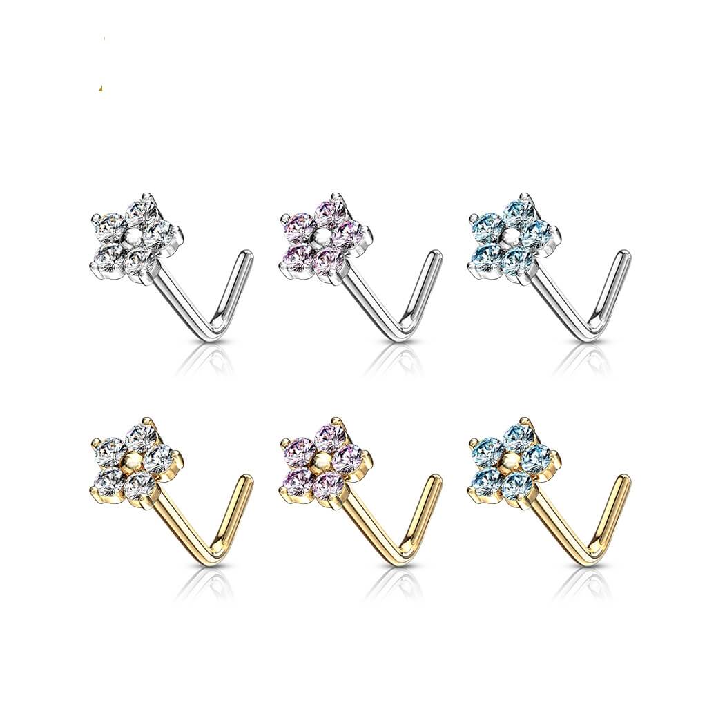 14 Karat Gold Nasenstecker L-Form Blume Zirkonia Gelbgold Weißgold - Image 4