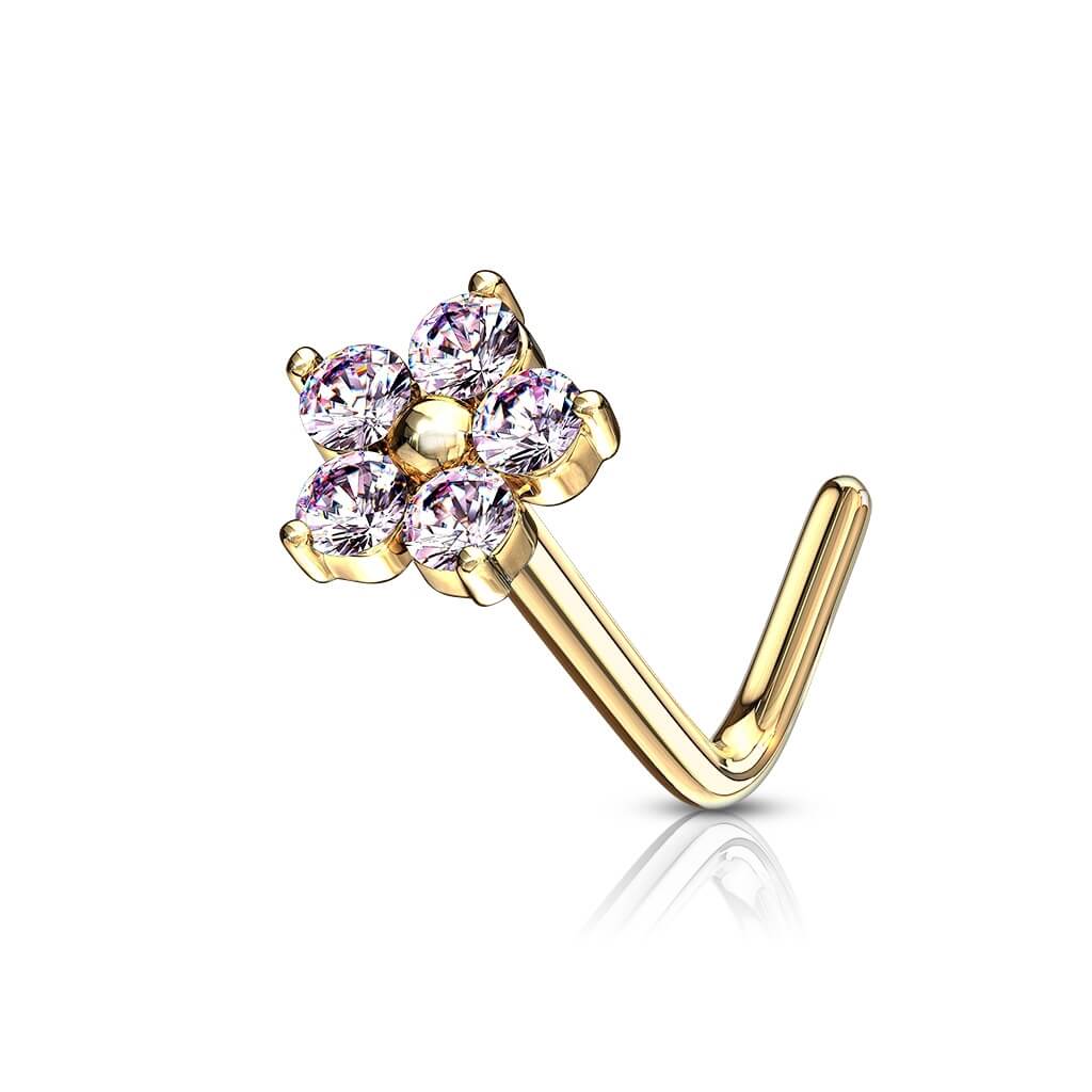 14 Karat Gold Nasenstecker L-Form Blume Zirkonia Gelbgold Weißgold - Image 5