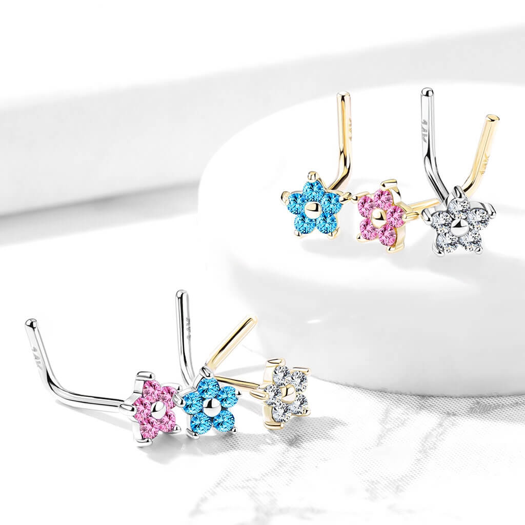 14 Karat Gold Nasenstecker L-Form Blume Zirkonia Gelbgold Weißgold - Image 7