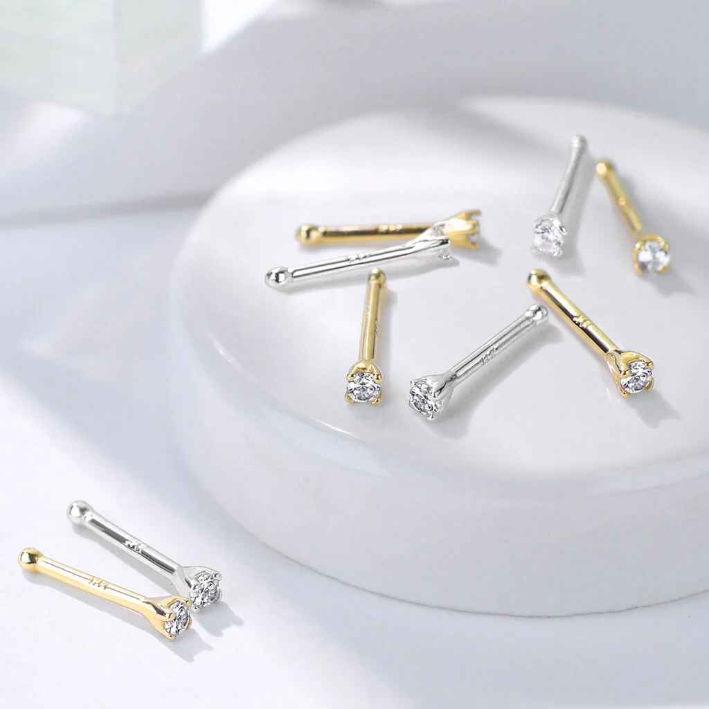 14 Karat Gold Nasenstecker Zirkonia Krappenfassung Gelbgold Weißgold - Image 4