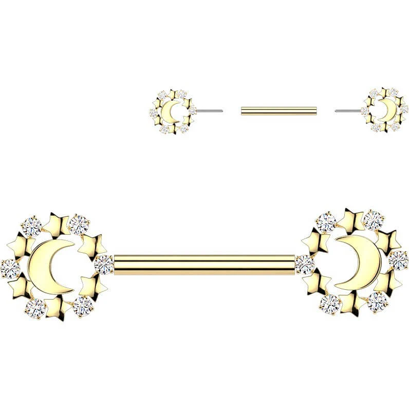 Nippelpiercing Mondsichel mit Sternen und Zirkonia Push-In - Image 3