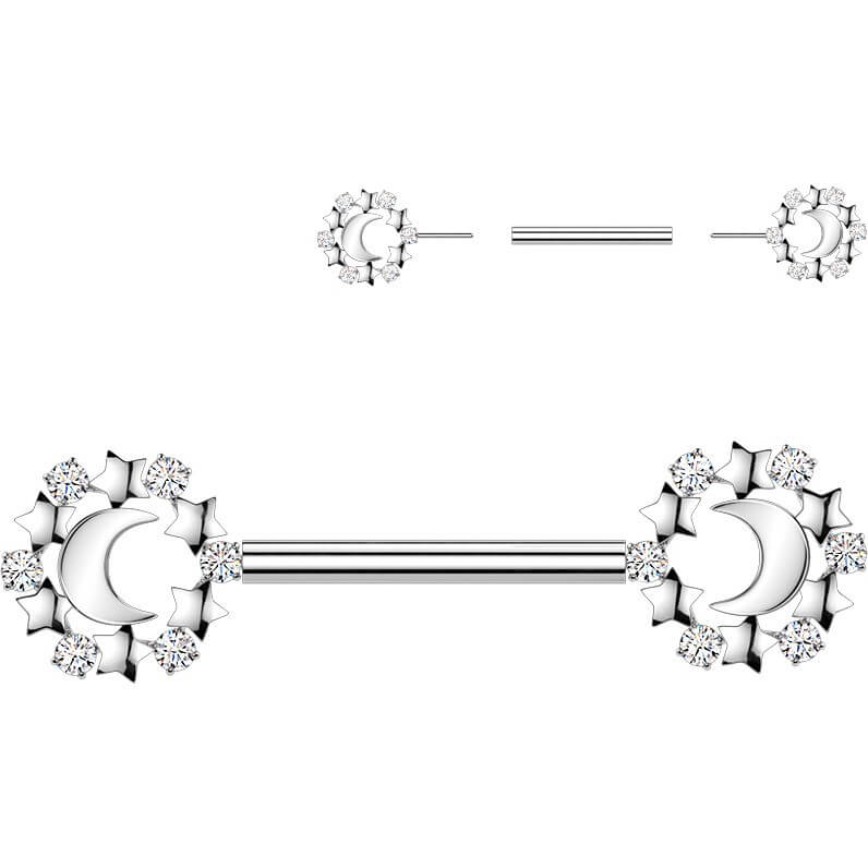 Nippelpiercing Mondsichel mit Sternen und Zirkonia Push-In - Image 4