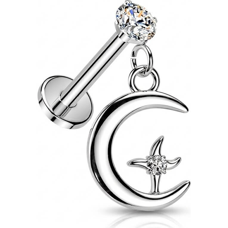 Labret Krappenfassung Zirkonia mit Mond und Stern Anhänger Push-In