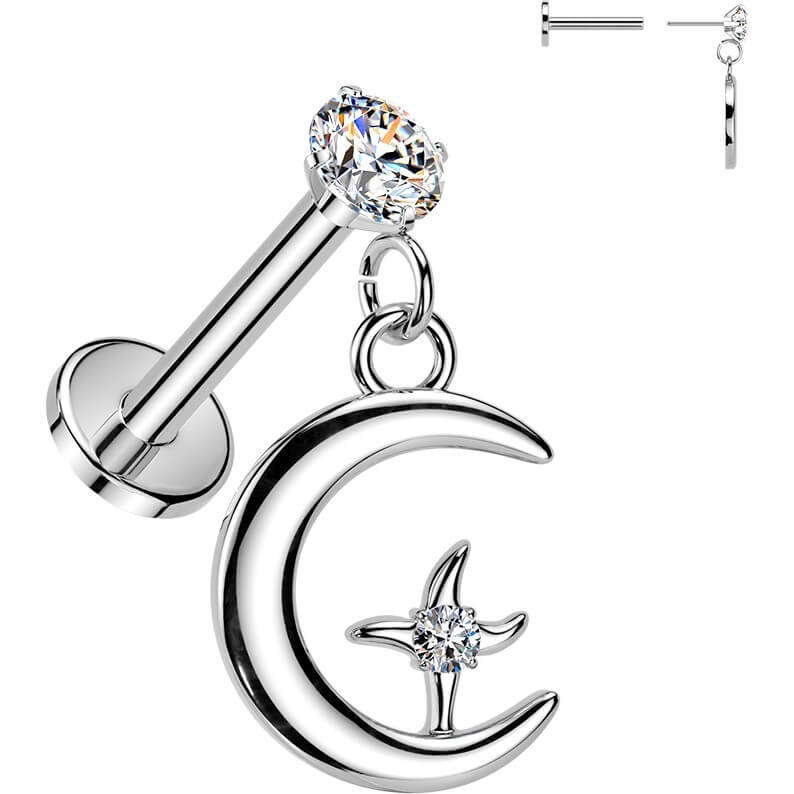 Labret Krappenfassung Zirkonia mit Mond und Stern Anhänger Push-In - Image 2