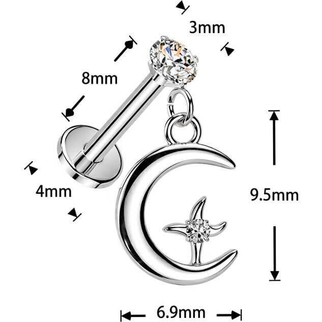 Labret Krappenfassung Zirkonia mit Mond und Stern Anhänger Push-In - Image 4