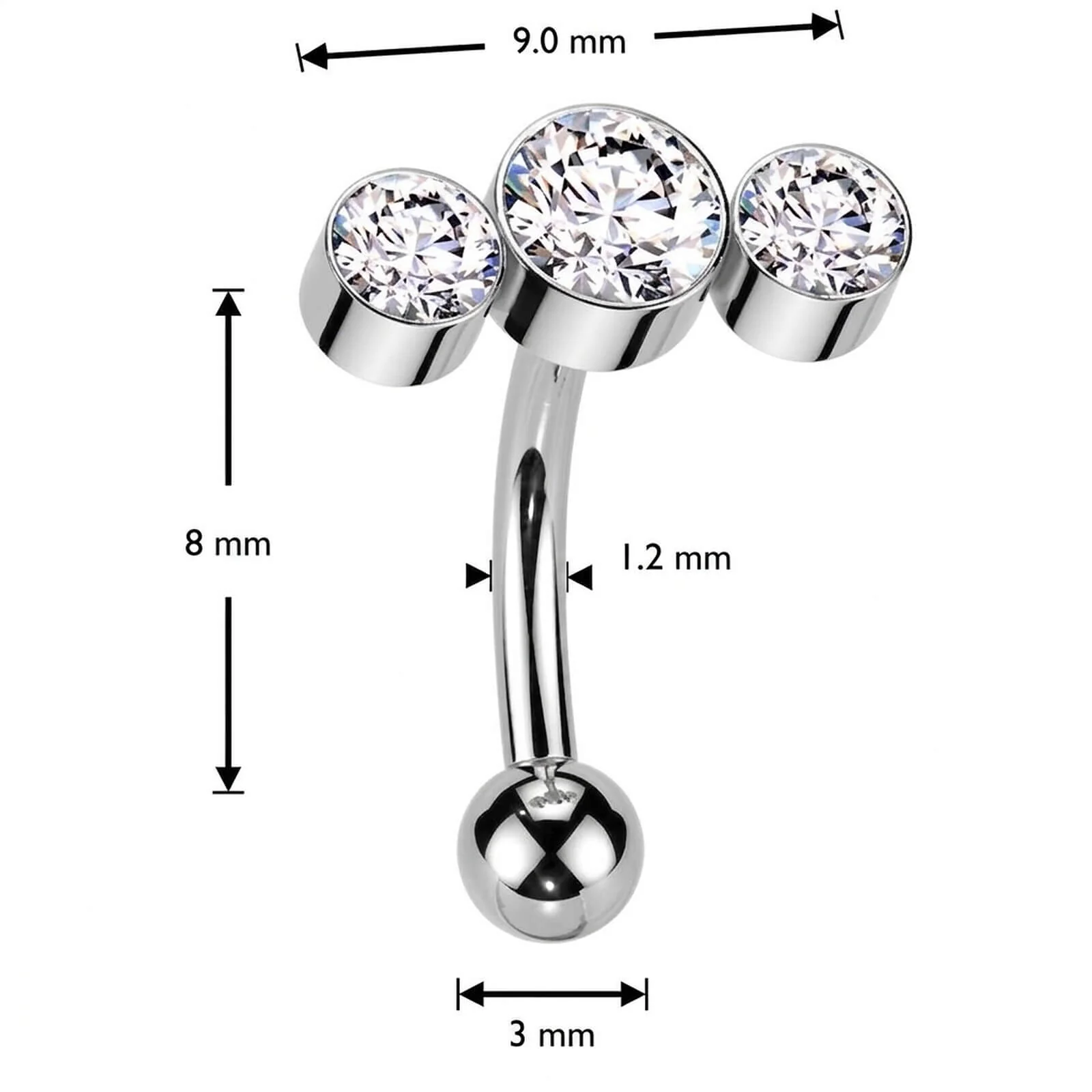 Titan Curved Barbell drei runde Zirkonia Zargenfassung Push-In - Image 5