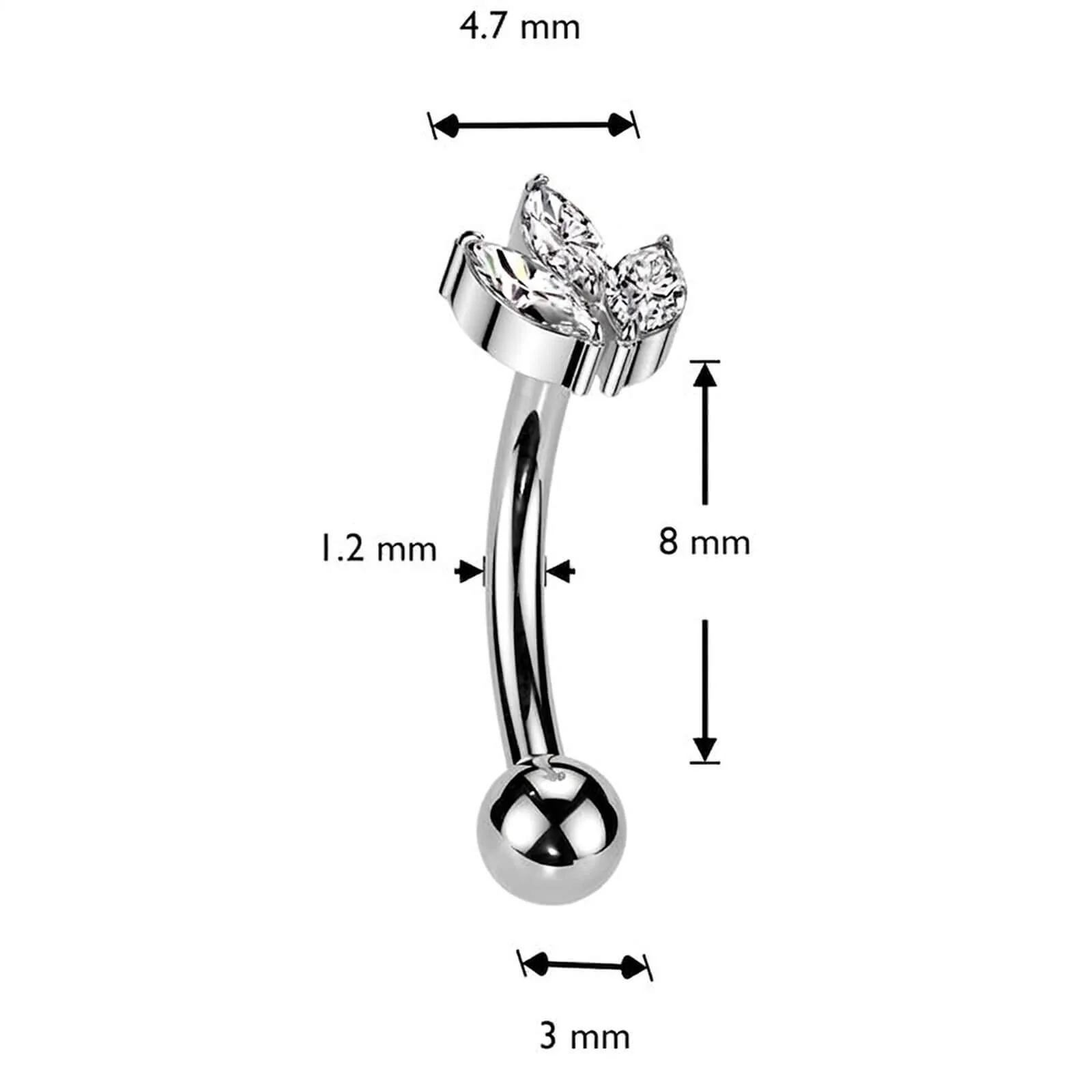 Titan Augenbrauenpiercing Blatt Zirkonia Marquise Schliff Push-In - Image 4