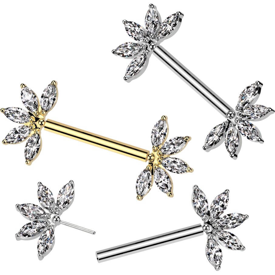Titan Nippelpiercing Blume Zirkonia Marquise Schliff Push-In - Image 3
