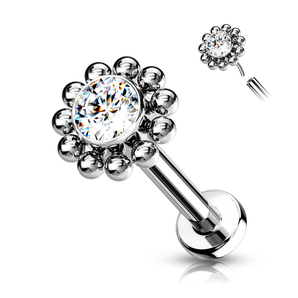 Titan Labret Blume Zirkonia Silber Push-In - Image 3
