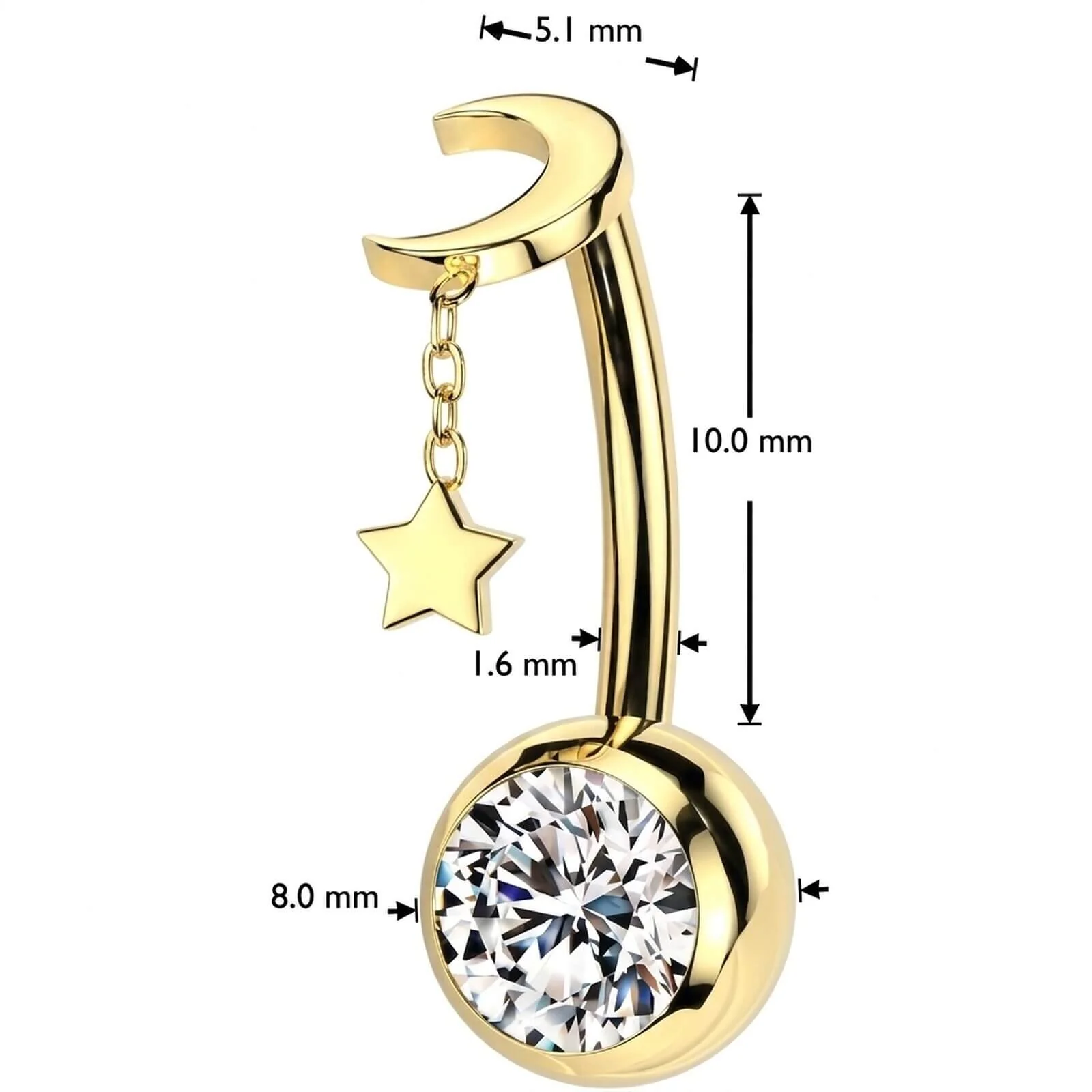Titan Bauchnabelpiercing Stern Mond Anhänger Zirkonia Push-In - Image 4