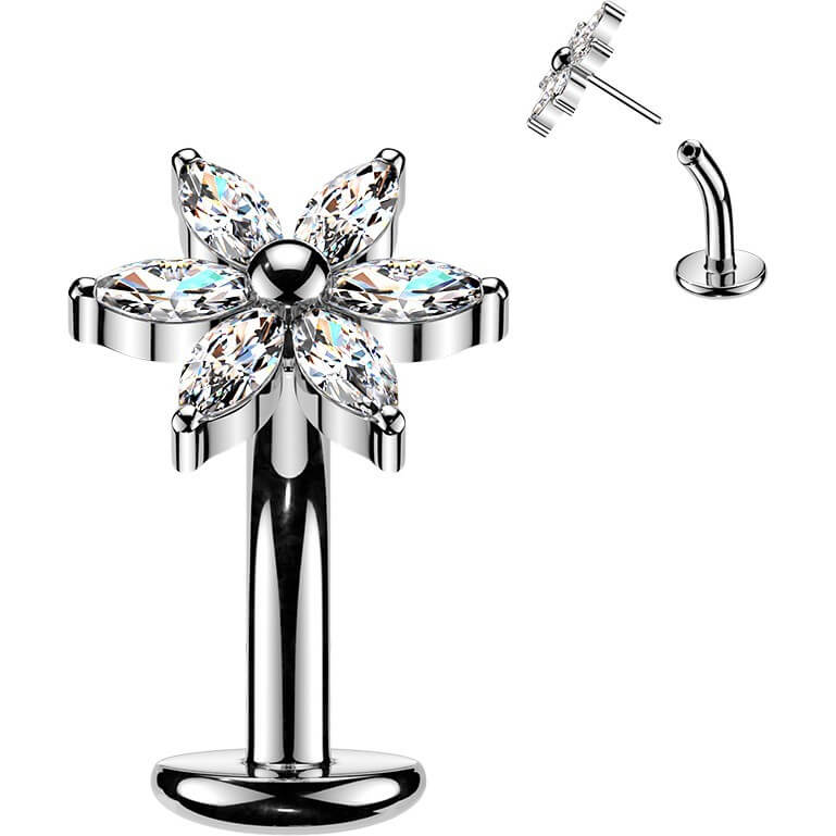 Titan Bauchnabelpiercing Blume 6 Marquise Zirkonia Blütenblätter Push-In