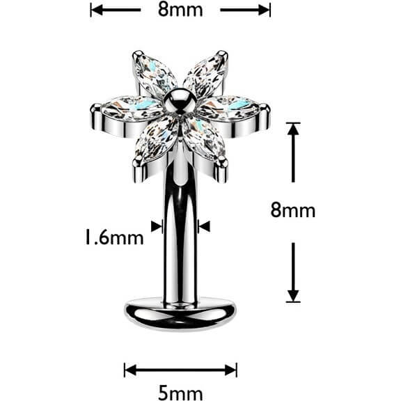 Titan Bauchnabelpiercing Blume 6 Marquise Zirkonia Blütenblätter Push-In - Image 2
