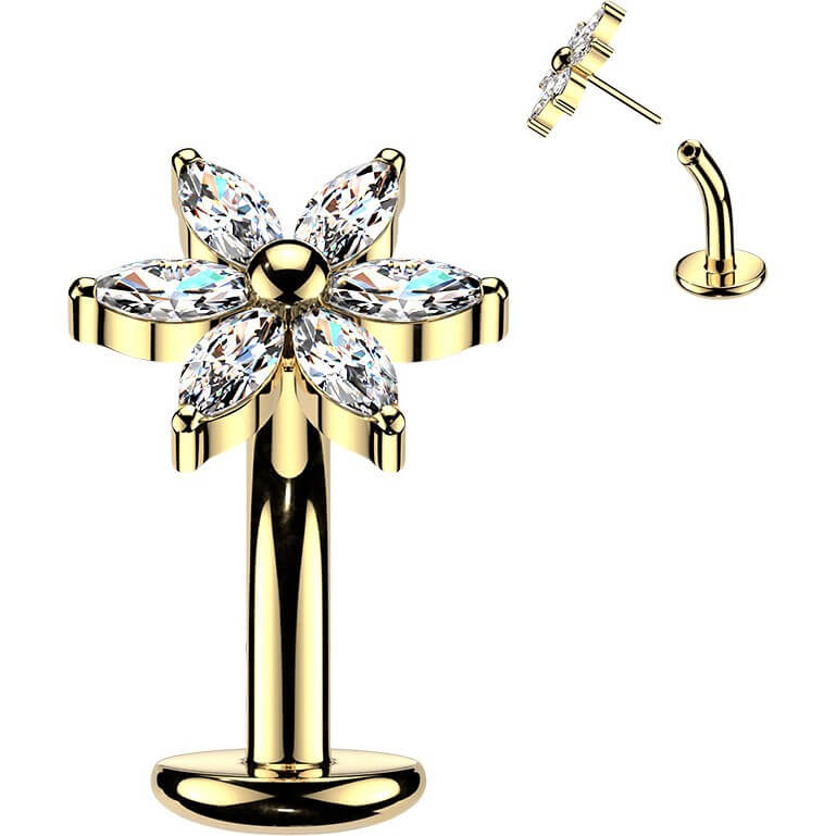 Titan Bauchnabelpiercing Blume 6 Marquise Zirkonia Blütenblätter Push-In - Image 3
