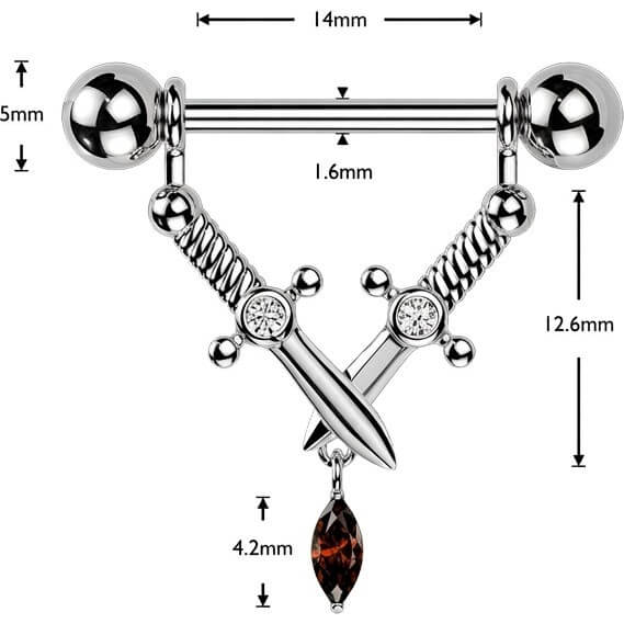 Nippelpiercing gekreuzte Dolche Marquise Zirkonia Anhänger - Image 2
