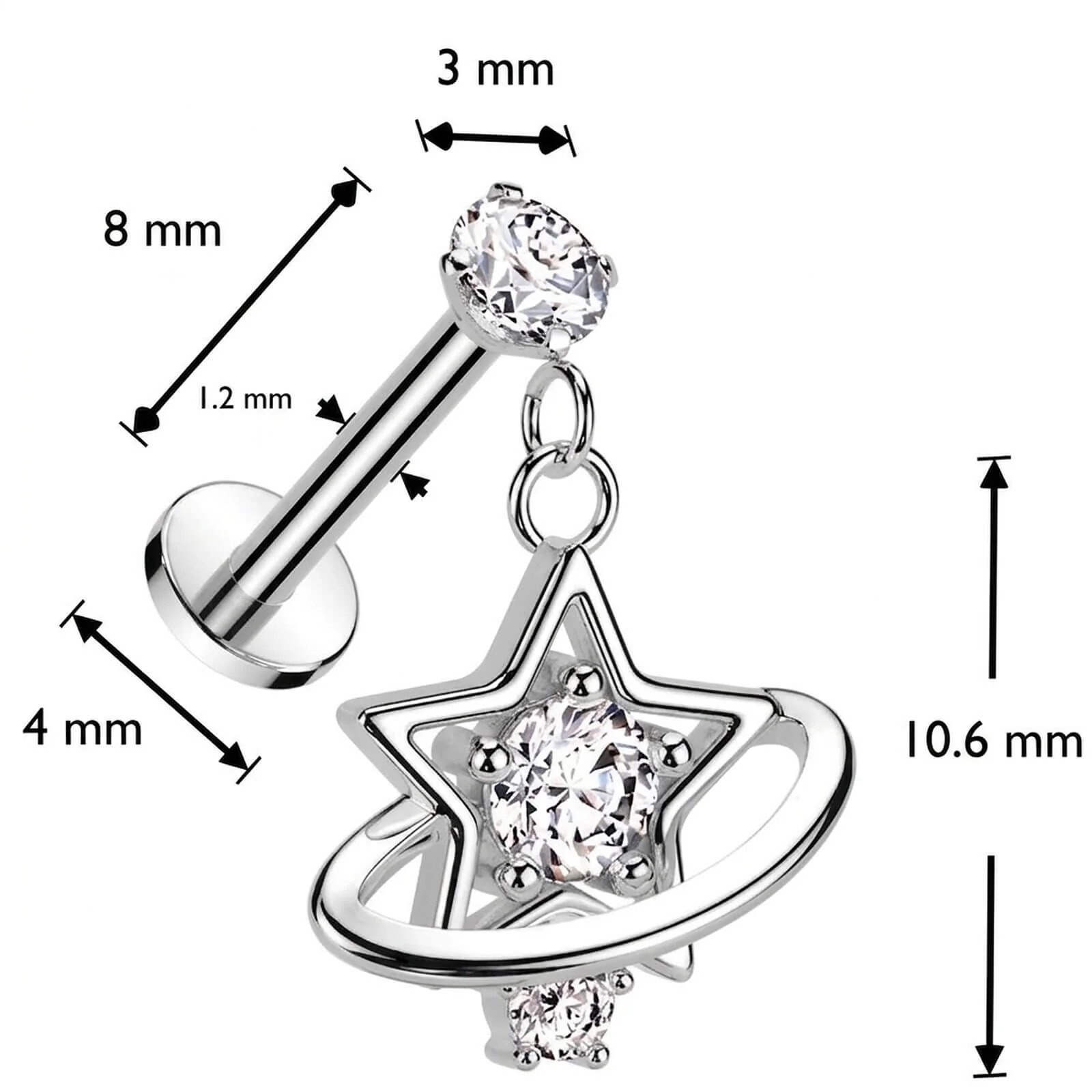 Labret Stern Saturn Zirkonia Innengewinde - Image 4