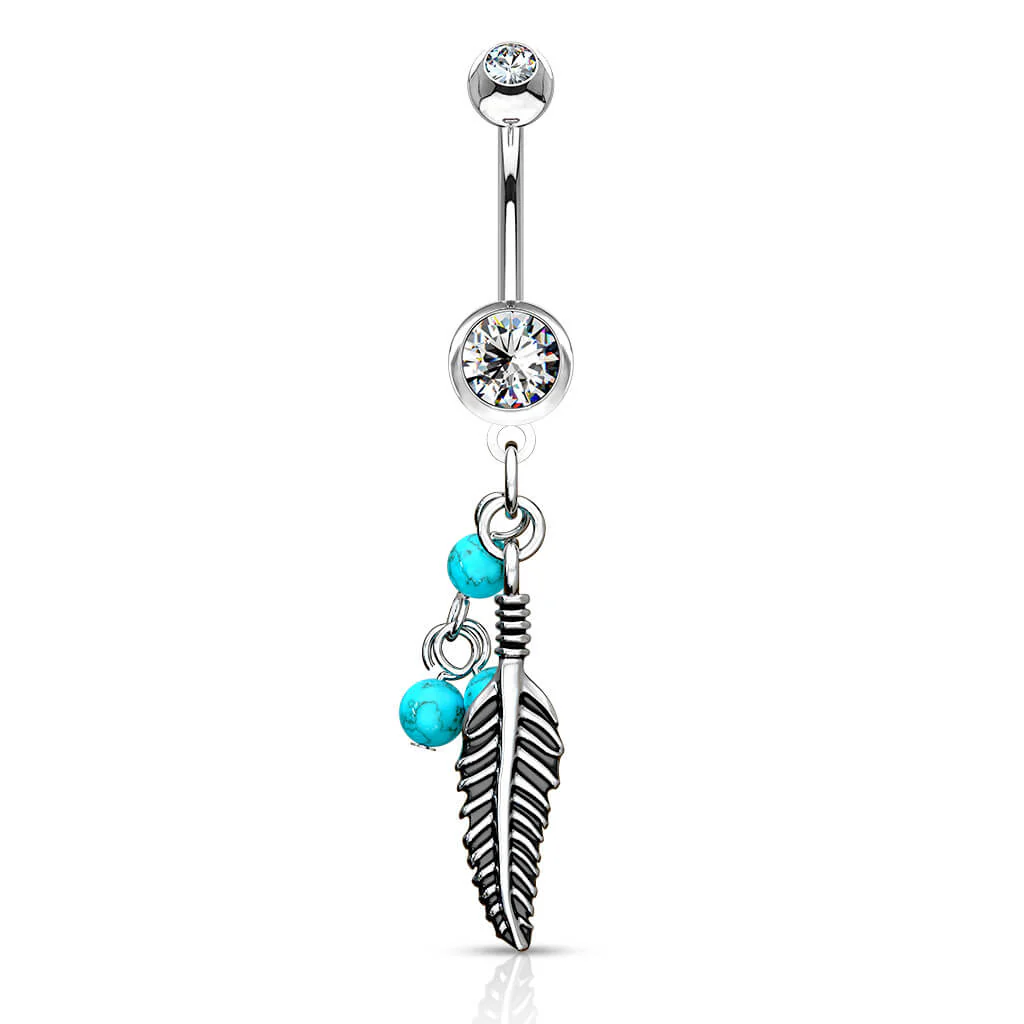 Bauchnabelpiercing Feder Türkis Halbedelstein beweglich Zirkonia Silber - Image 2
