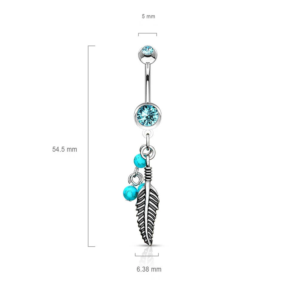 Bauchnabelpiercing Feder Türkis Halbedelstein beweglich Zirkonia Silber - Image 3