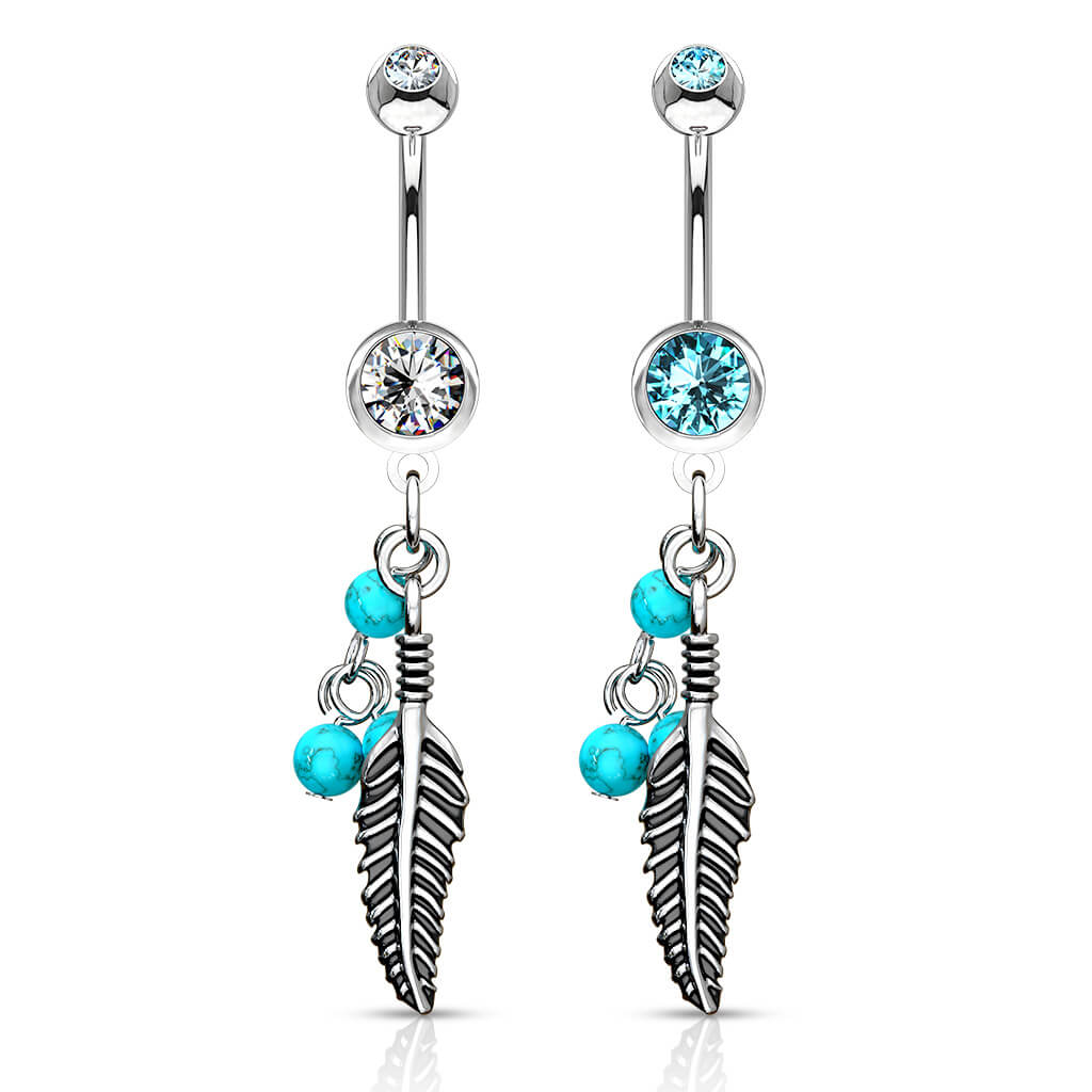 Bauchnabelpiercing Feder Türkis Halbedelstein beweglich Zirkonia Silber - Image 4