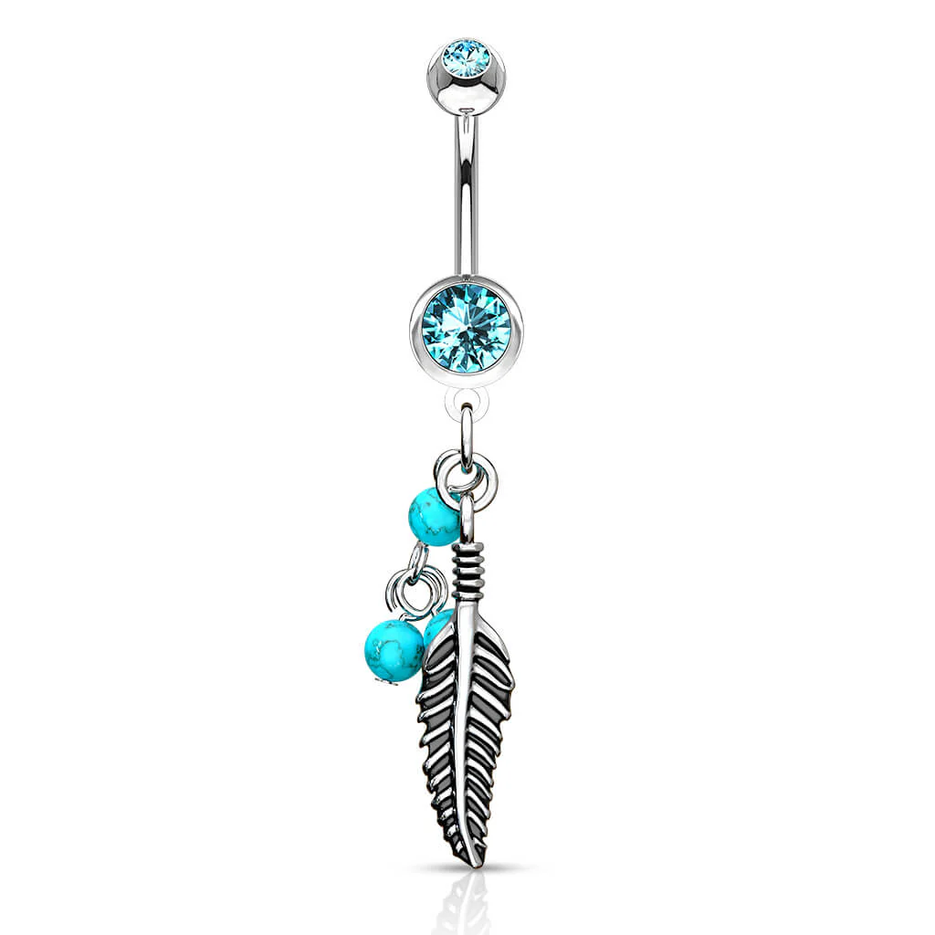 Bauchnabelpiercing Feder Türkis Halbedelstein beweglich Zirkonia Silber - Image 5