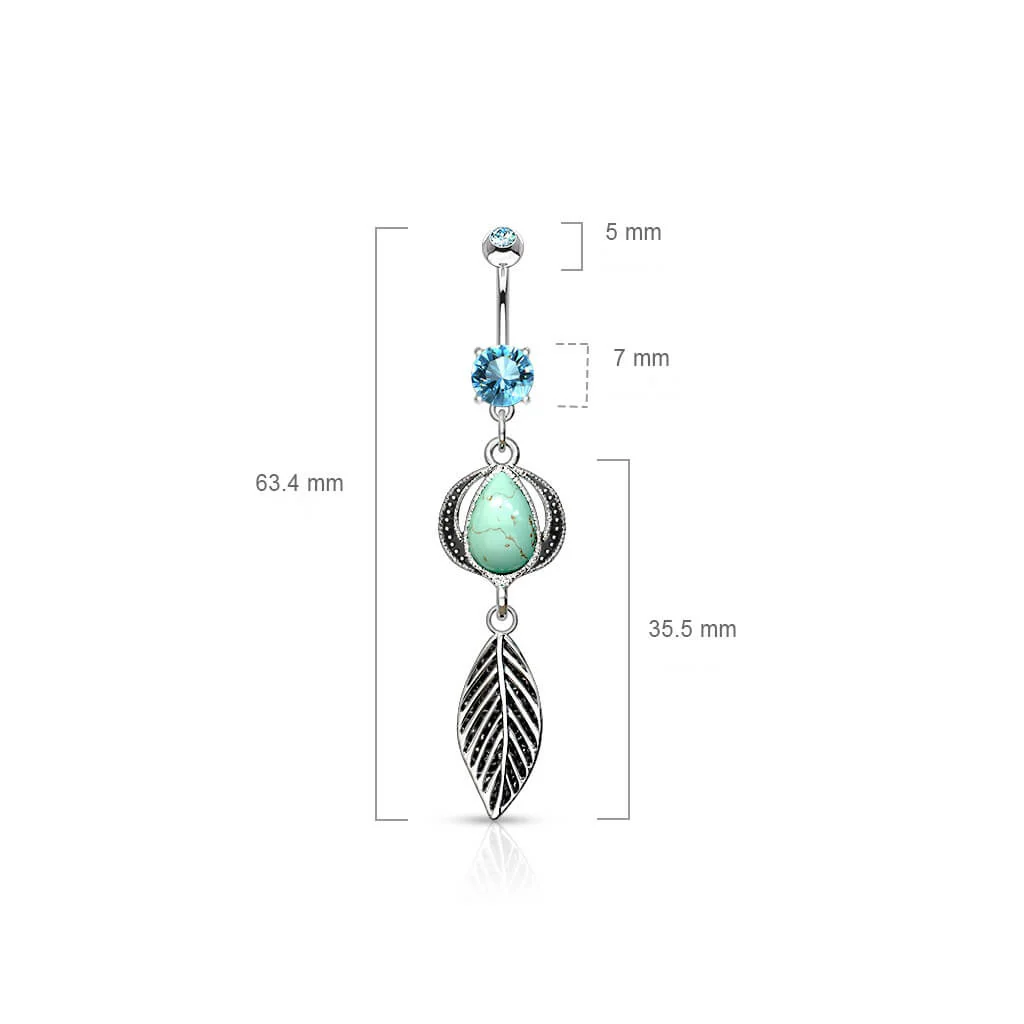 Bauchnabelpiercing Feder beweglich Halbedelstein Türkis Zirkonia Silber - Image 2