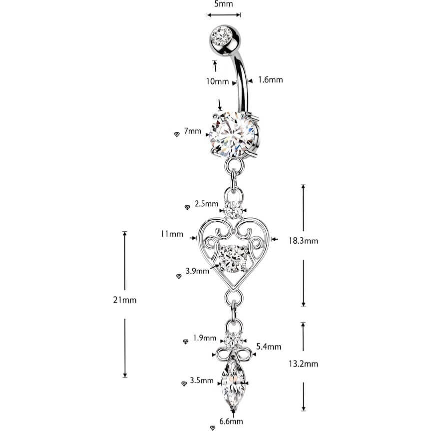 Bauchnabelpiercing Filigran Zirkonia Herz Marquise Anhänger - Image 2