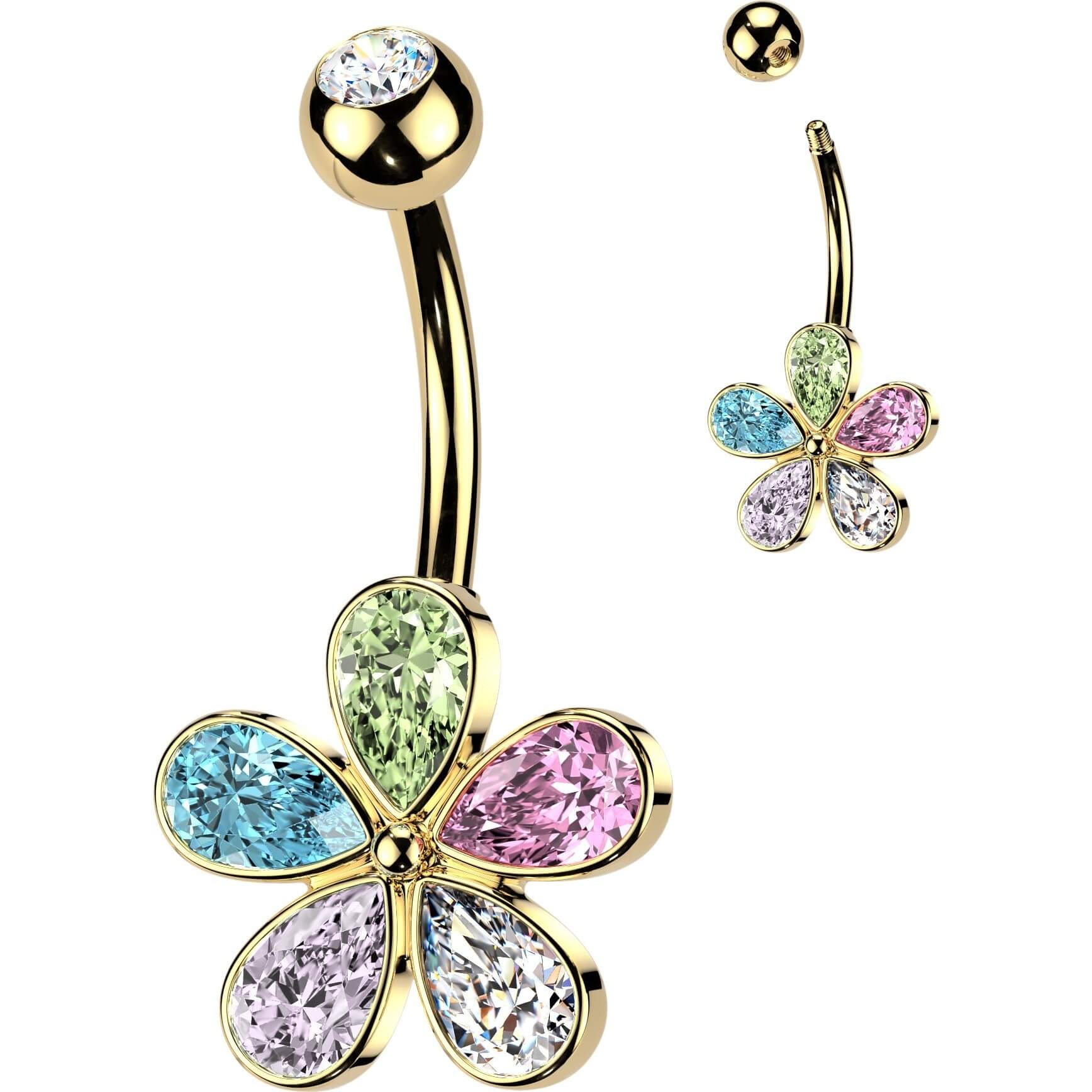 Bauchnabelpiercing mehrfarbige Tropfen Zirkonia Blume - Image 3