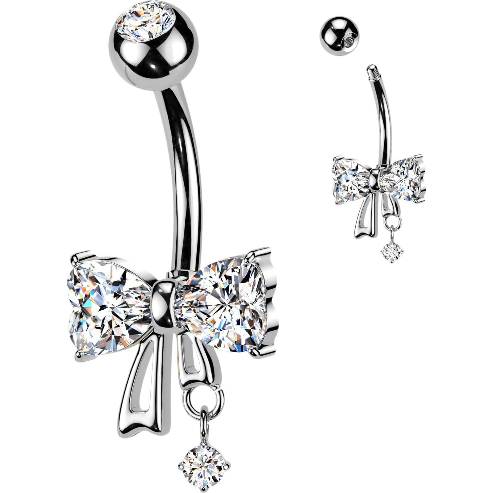 Bauchnabelpiercing Herz Zirkonia Schleife und runder Zirkonia Anhänger - Image 4