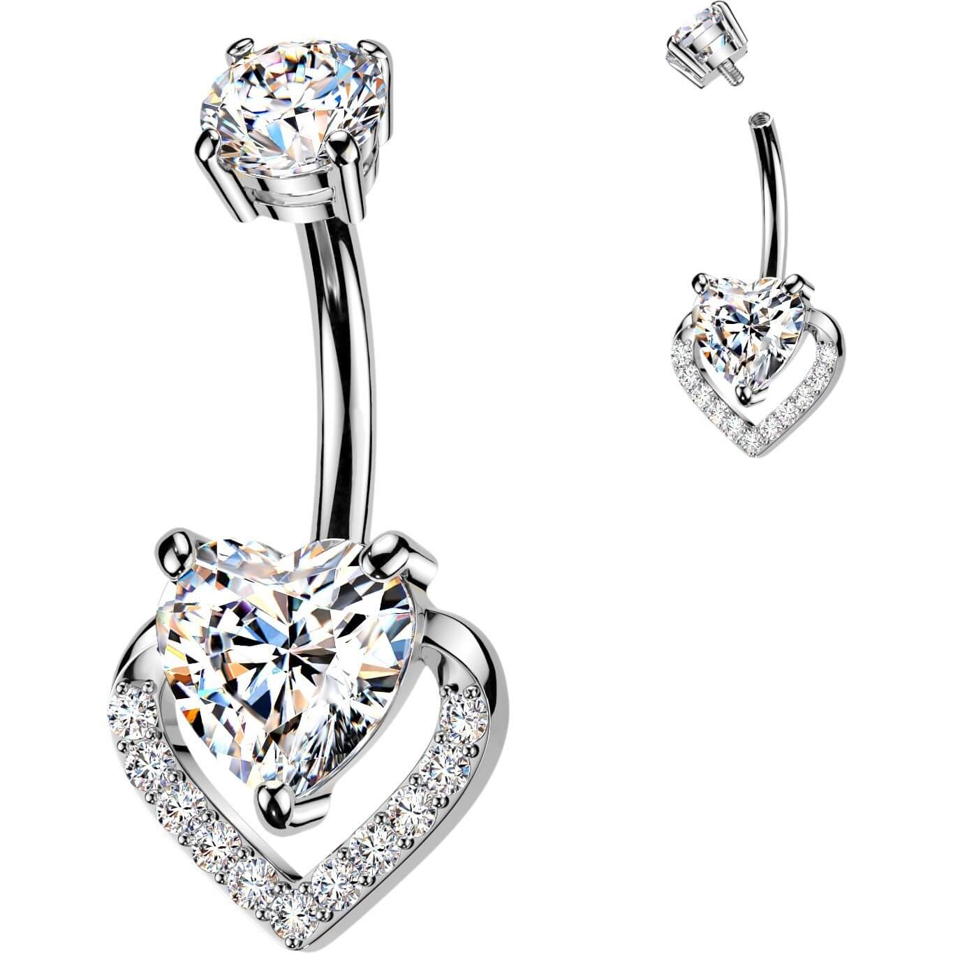 Bauchnabelpiercing Pavé und Krappenfassung Herz Zirkonia Innengewinde - Image 4