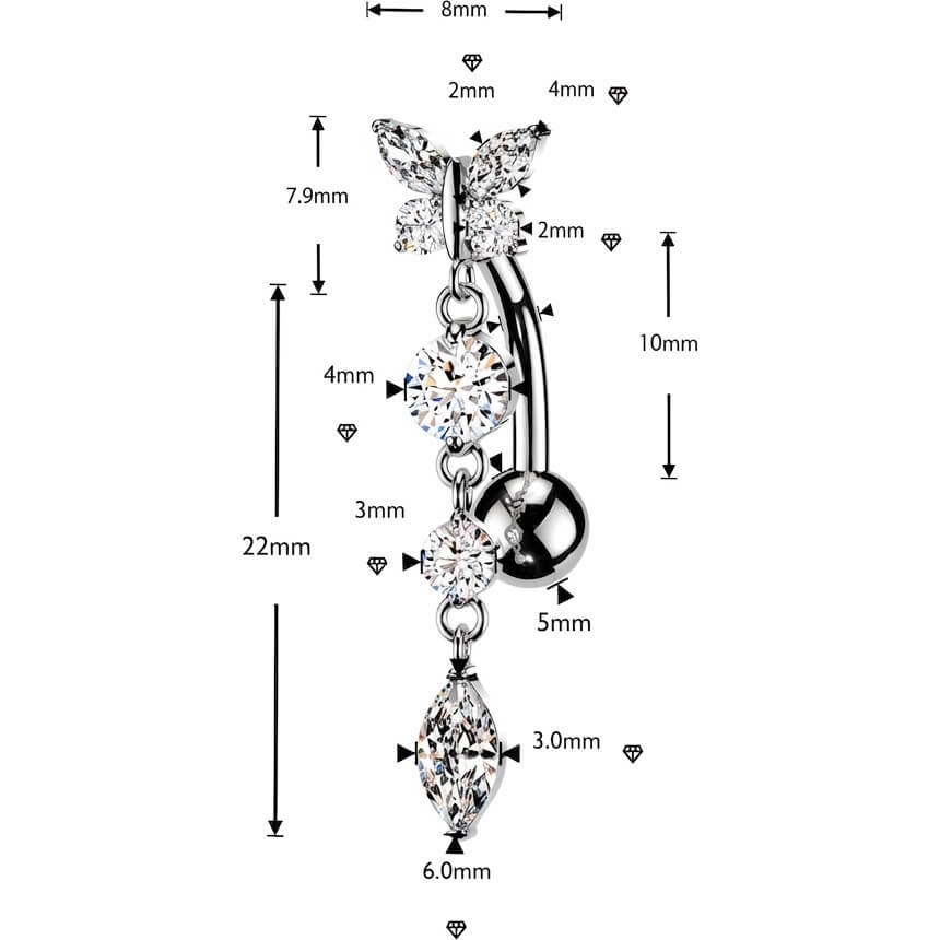 Bauchnabelpiercing Top Down Schmetterling Rund Marquise Zirkonia Anhänger - Image 2