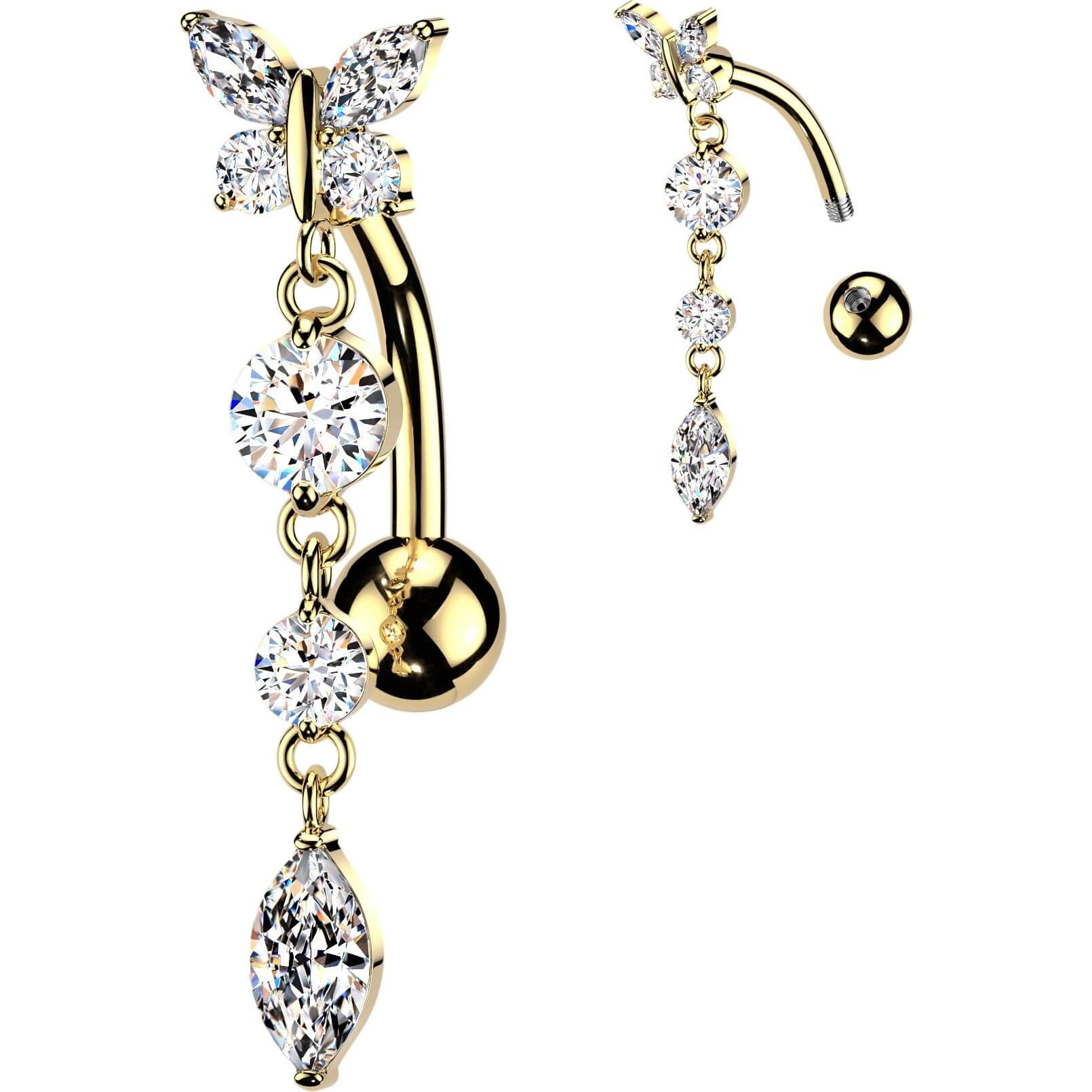 Bauchnabelpiercing Top Down Schmetterling Rund Marquise Zirkonia Anhänger - Image 3