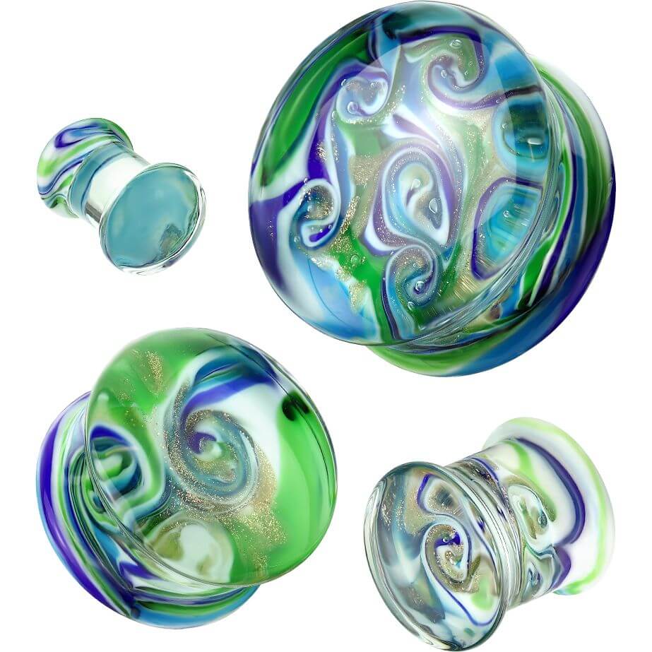 Glas Plug Blau Grün Wirbel Double Flare - Image 3