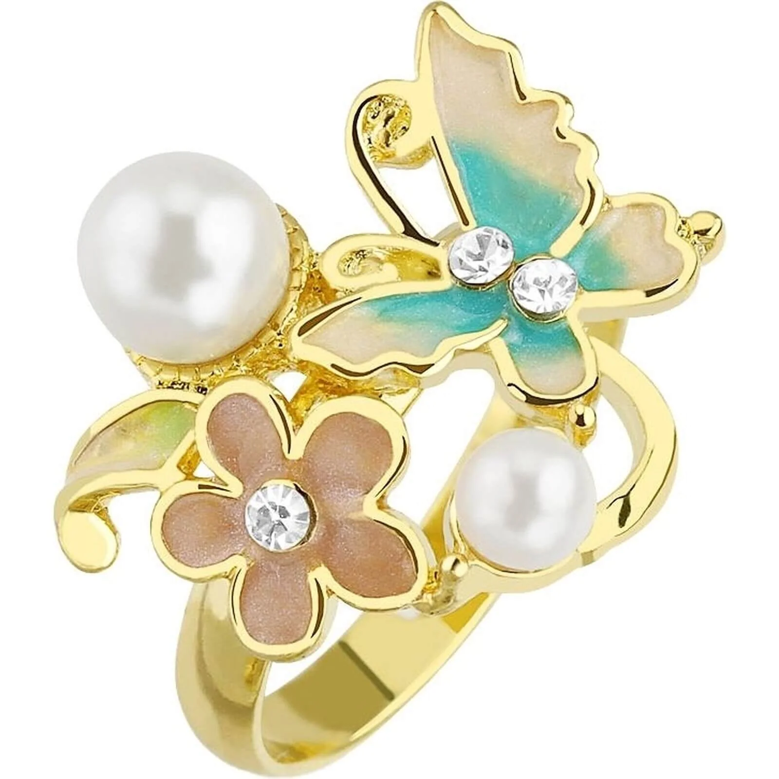 Fingerring Blume Schmetterling Perlen Verstellbar Gold