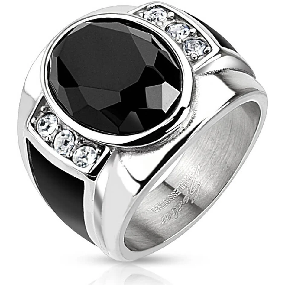 Fingerring Oval Zirkonia Schwarz Silber