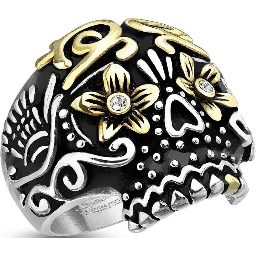 Fingerring Totenkopf Schwarz Silber Gold