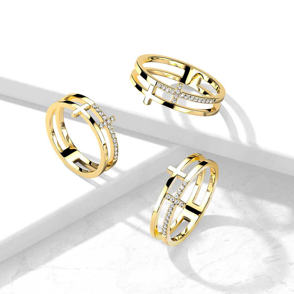 Fingerring Doppelkreuz Zirkonia Gold - Image 2