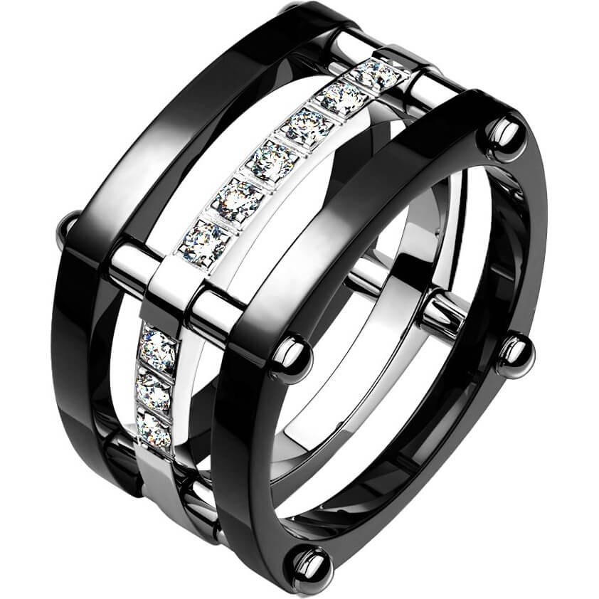 Titan Fingerring Zirkonia Schwarz Silber