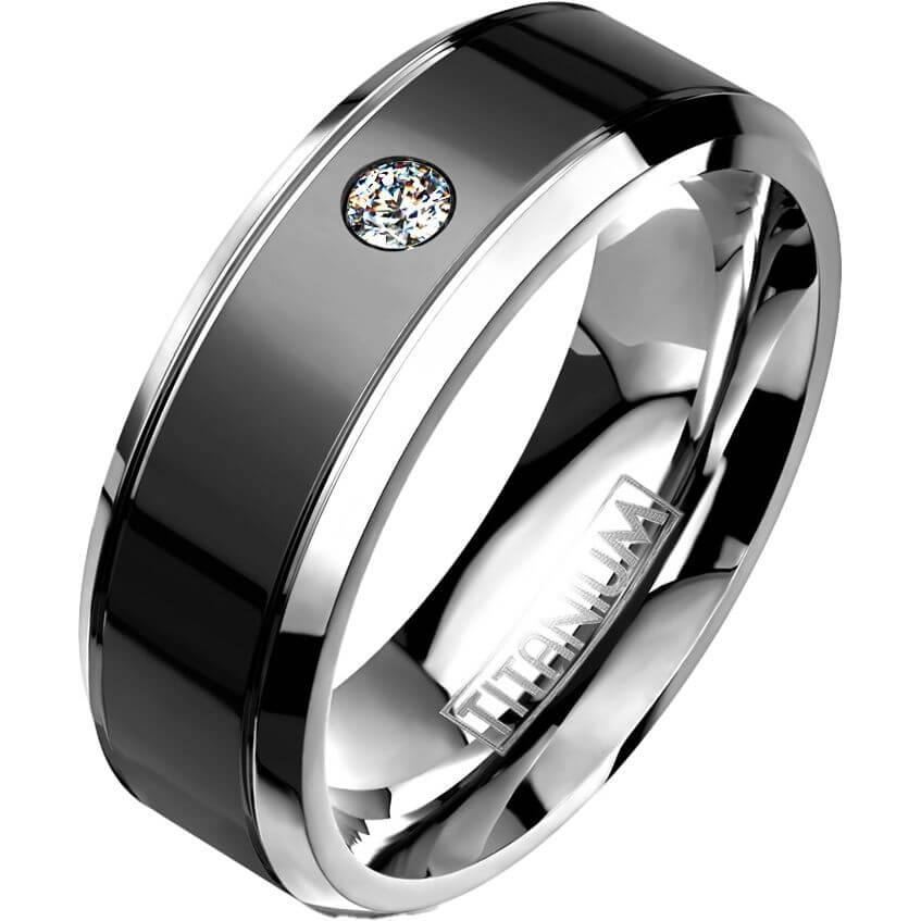 Titan Fingerring Zirkonia Schwarz Silber